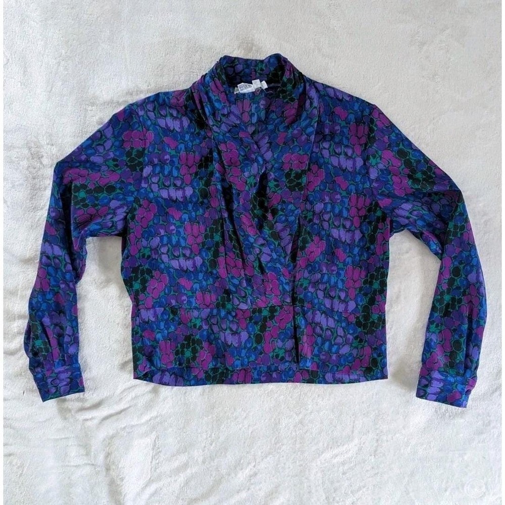 Vtg 90s Petite Notations Blouse Purple Blue Abstract Print Sz 8 Colorful Office